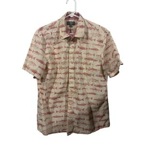LL Bean Signature Mens Slim Fit Short Sleeve Fish Print Button Down Shirt L Red